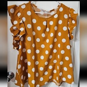 Mustard Yellow White Polka Dot Ruffle Shortsleeve Women's 3xl Blouse